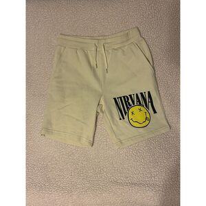 Y2K Grunge Streetwear Loungewear Nirvana Smiley Face Sweat Shorts Cream XS Cozy